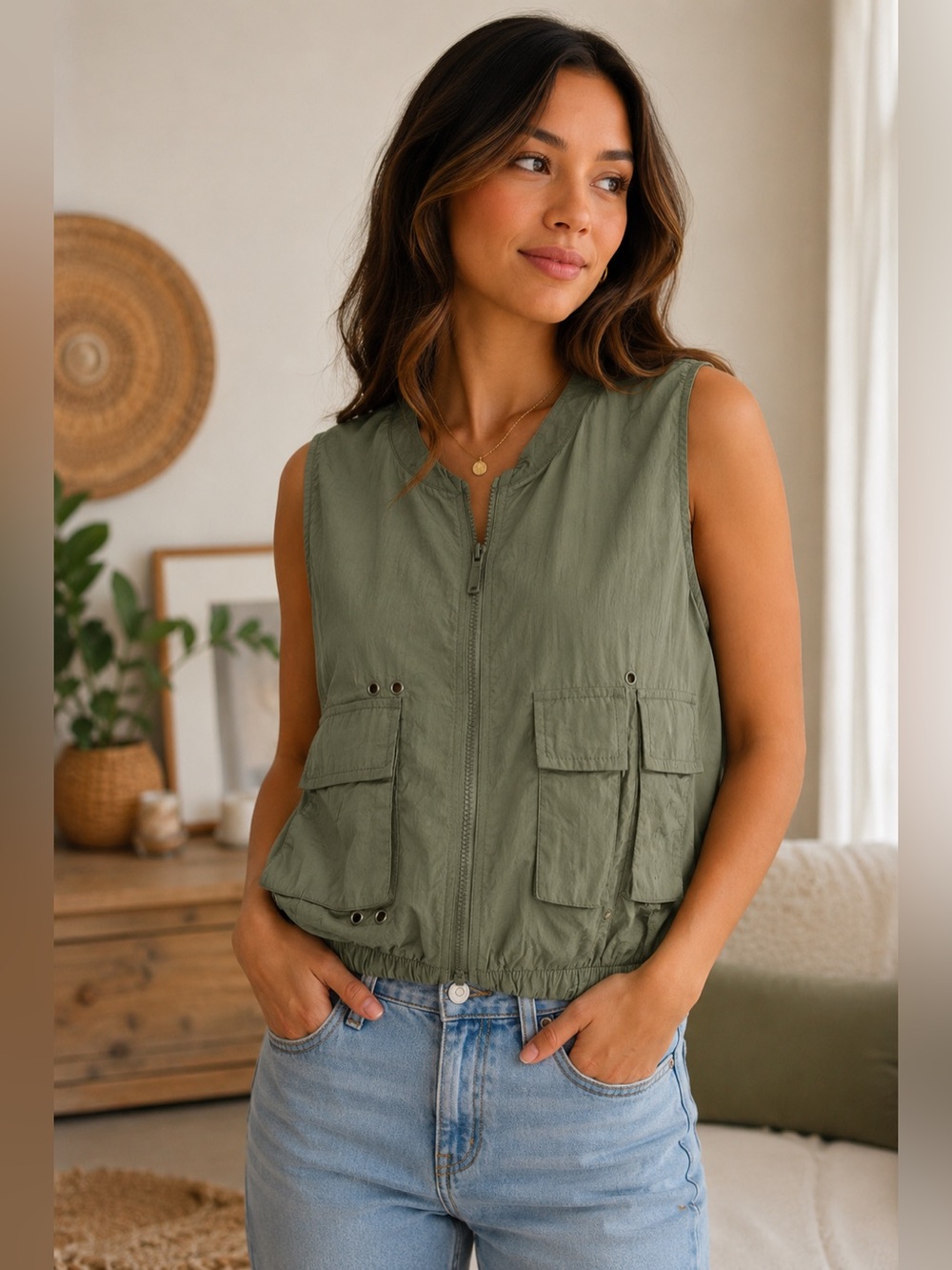 Fashion Nova Olive Utility Cargo Vest with Grommet Details